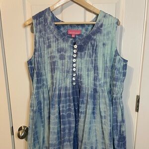Woman Within blue tie dye sleeveless maxi dress w/ pin tuck & buttons plus sz 14